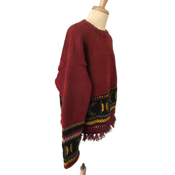 Hand Knit 80s/90s Boho Wool Sweater OverSz Uni M-XL Tribal Fringe Hem Brick Red - Picture 8 of 8